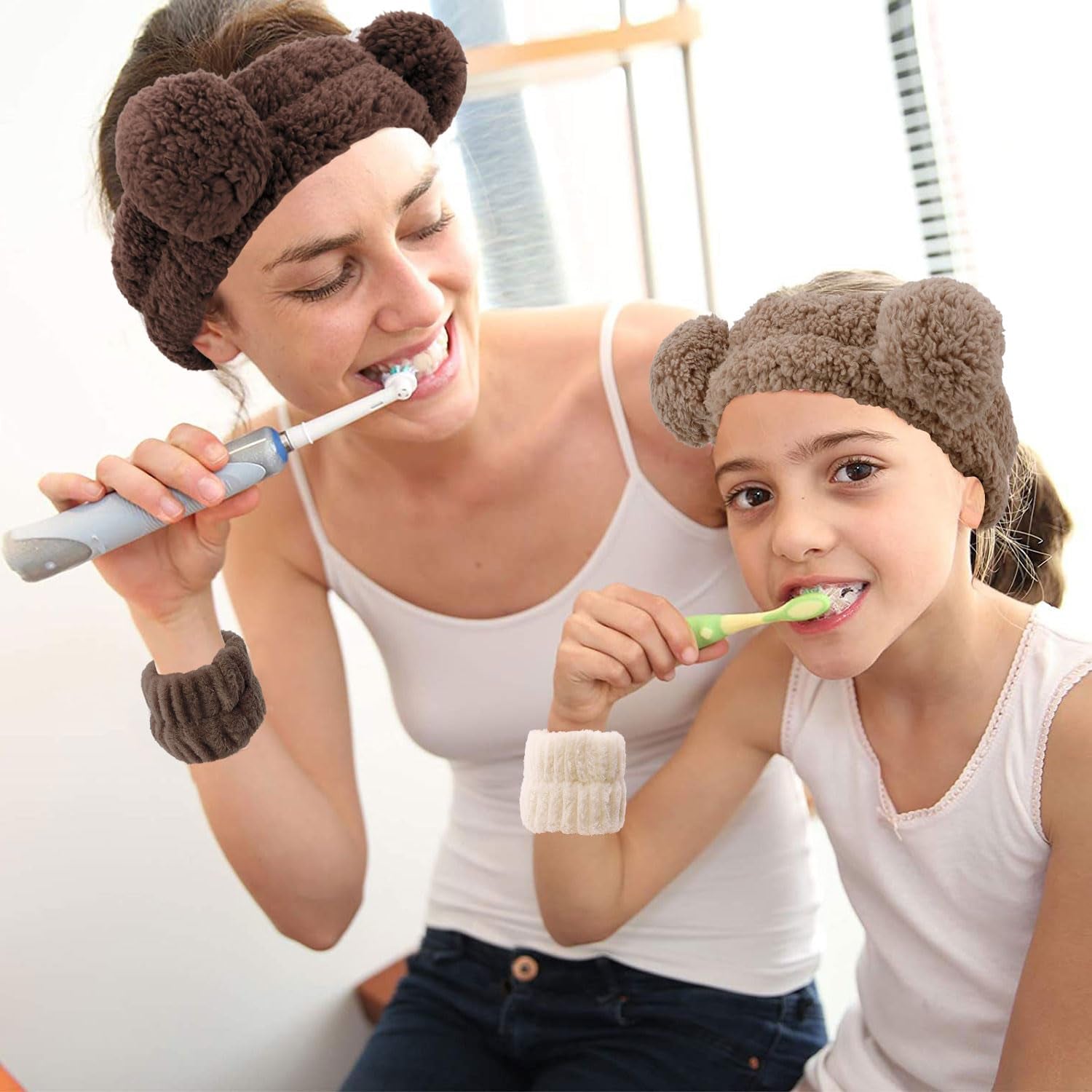 Bear Ears Spa Wristband Set - Cute Animal Skincare Headband for Washing Face - Fluffy Elastic Face Wash Hair Band for Women & Girls - Trendy Brown