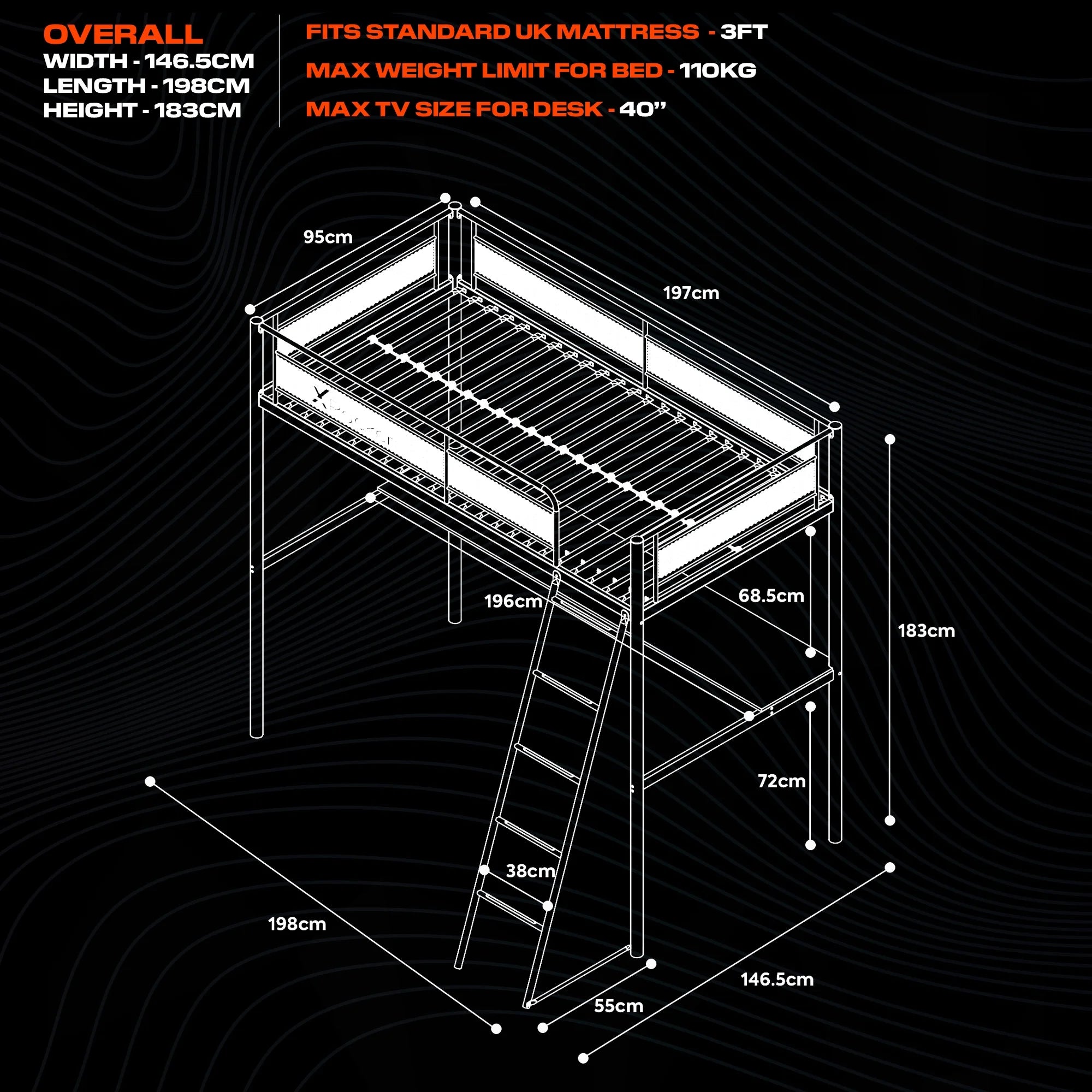 HQ Gaming Bunk Bed with LED Lighting, Black, Twin