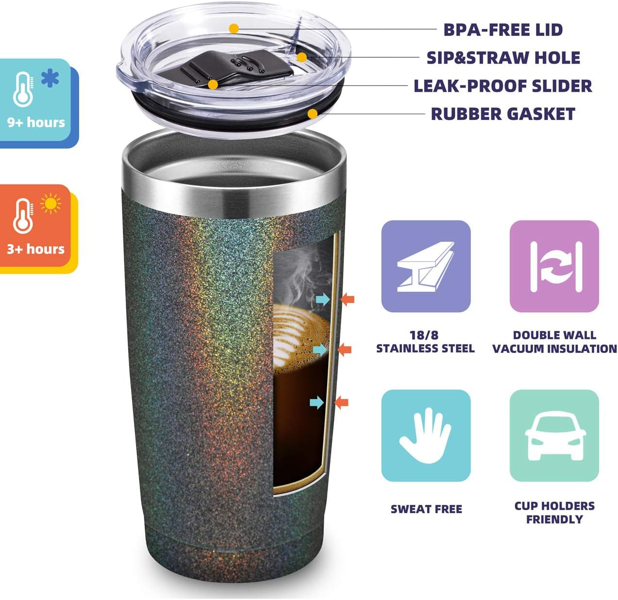 20Oz Stainless Steel Tumbler with Lid and Straw, Vacuum Insulated Tumbler Cup, Double Wall Coffee Tumbler, Powder Coated Travel Coffee Mug, Glitter Black