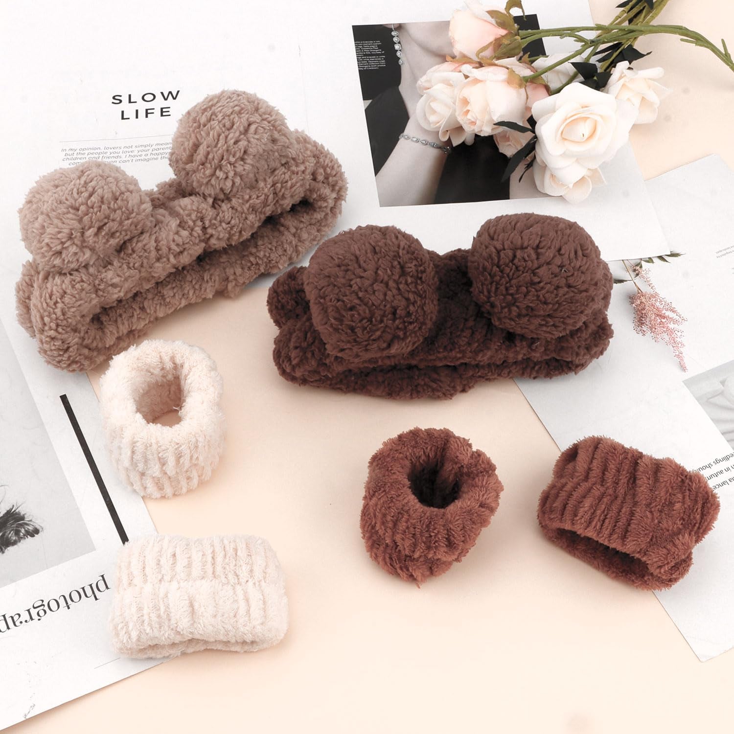 Bear Ears Spa Wristband Set - Cute Animal Skincare Headband for Washing Face - Fluffy Elastic Face Wash Hair Band for Women & Girls - Trendy Brown
