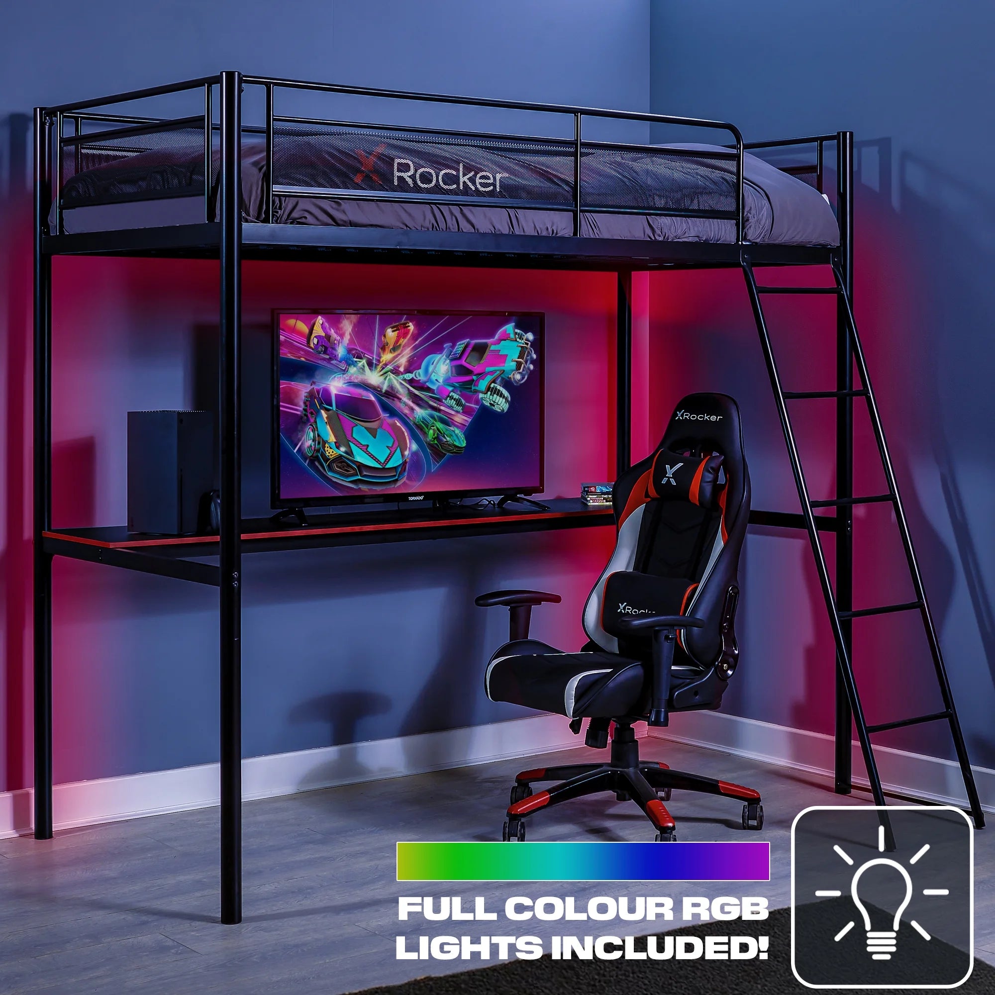 HQ Gaming Bunk Bed with LED Lighting, Black, Twin