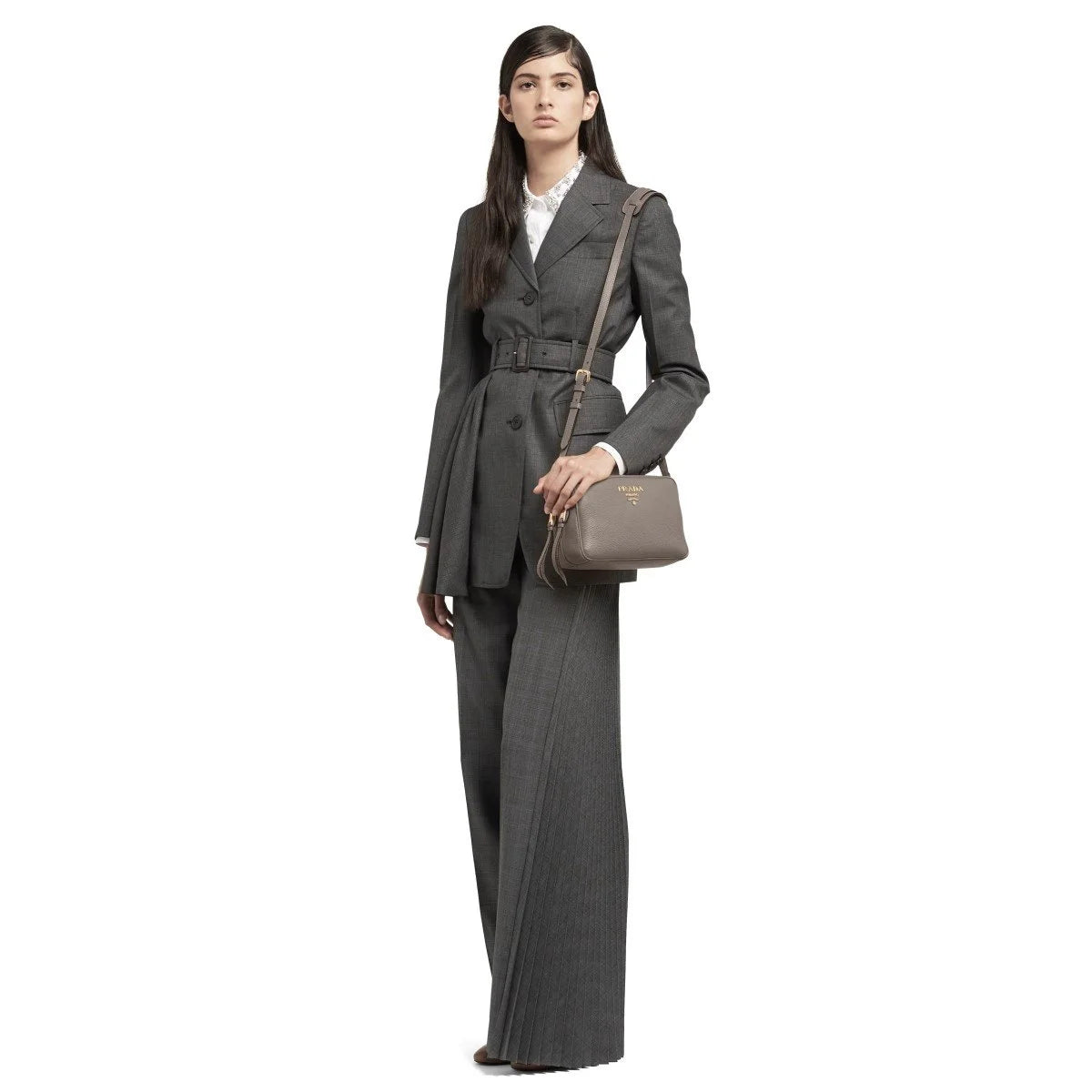 New Argilla Grey Vitello Phenix Leather Double Zip Crossbody Bag 1BH079