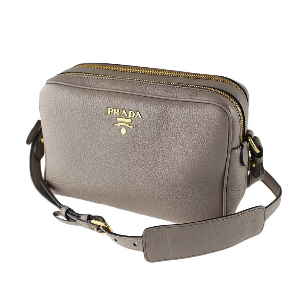 New Argilla Grey Vitello Phenix Leather Double Zip Crossbody Bag 1BH079