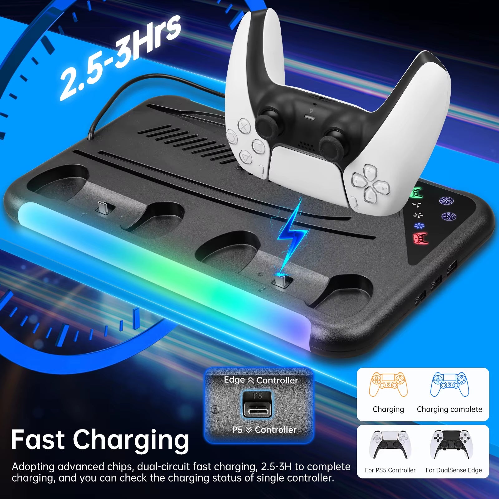 For PS5/PS5 Slim Cooling Stand with RGB Light Fan for PS5 Console Disc&Digital Editions for PS5 with 3 Levels Cooling Fan