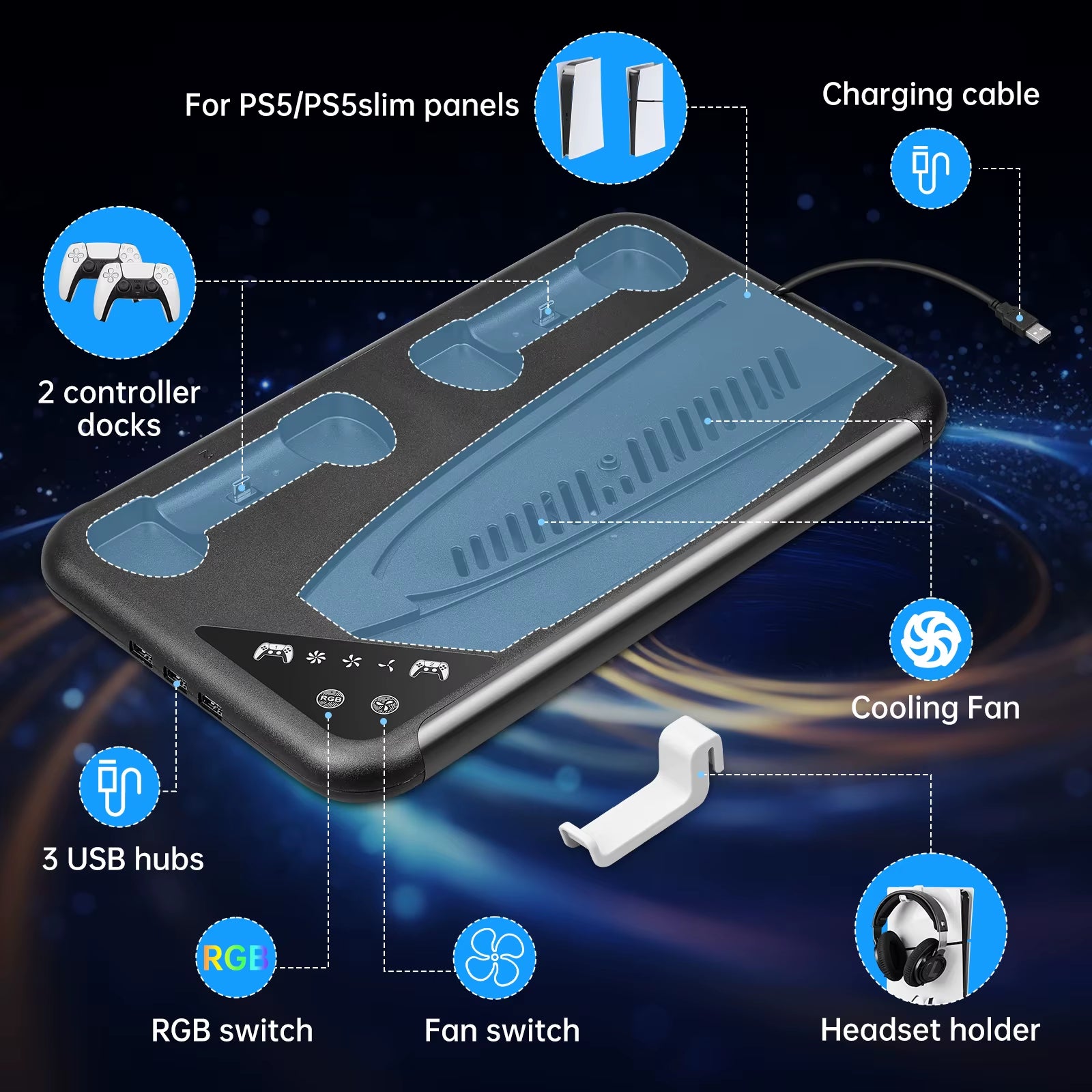 For PS5/PS5 Slim Cooling Stand with RGB Light Fan for PS5 Console Disc&Digital Editions for PS5 with 3 Levels Cooling Fan