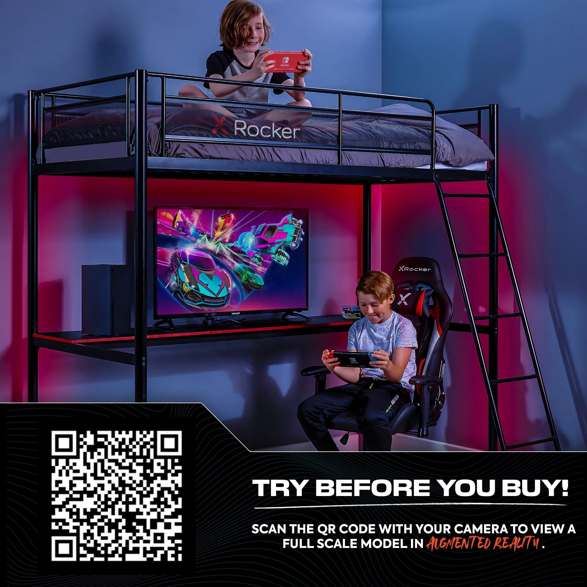 HQ Gaming Bunk Bed with LED Lighting, Black, Twin