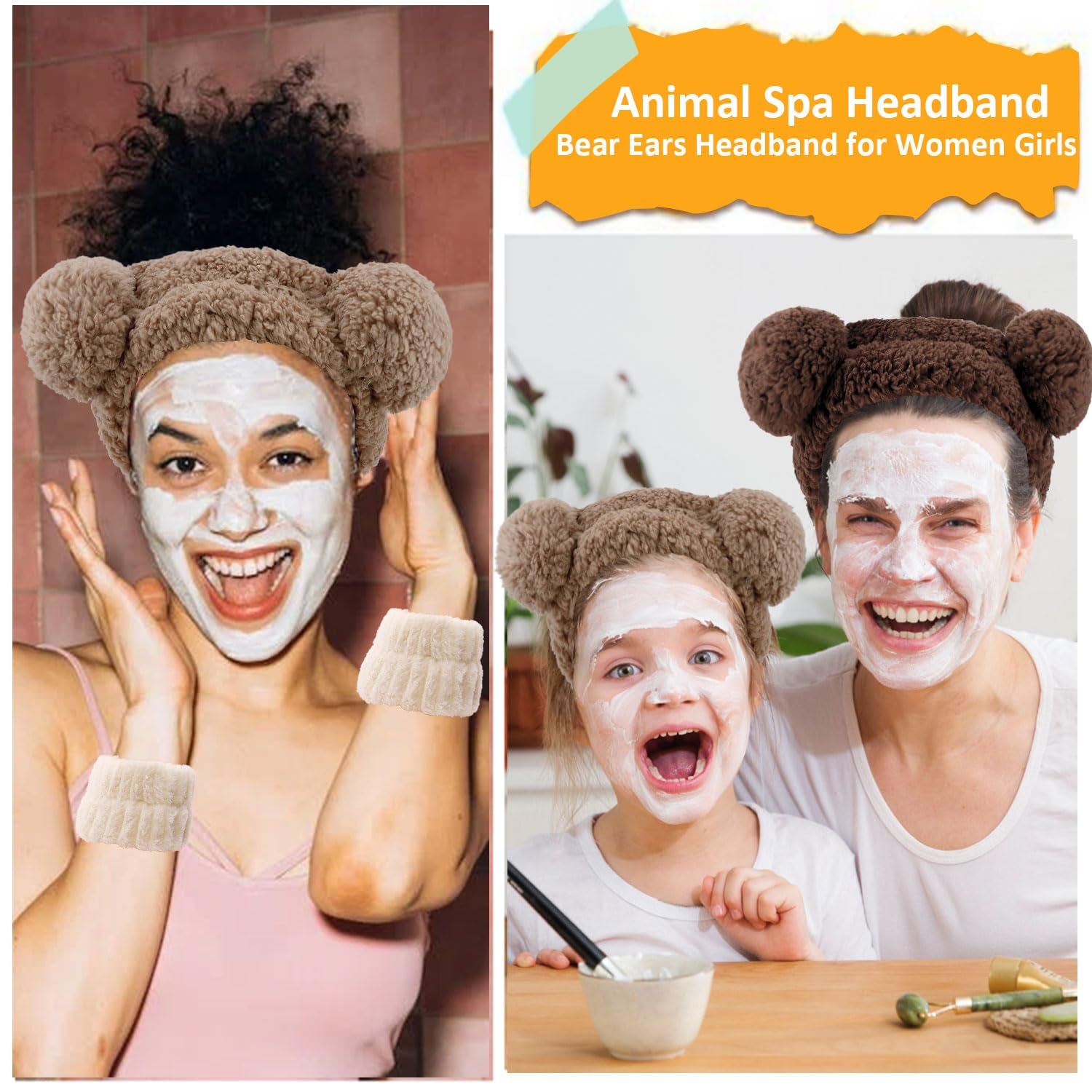 Bear Ears Spa Wristband Set - Cute Animal Skincare Headband for Washing Face - Fluffy Elastic Face Wash Hair Band for Women & Girls - Trendy Brown