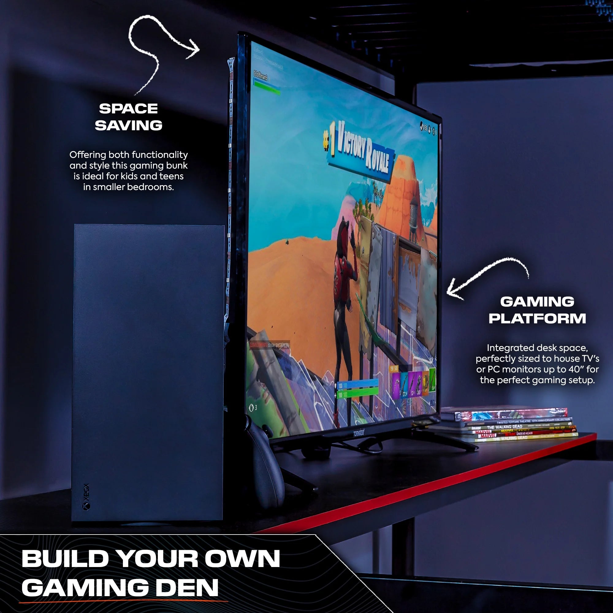 HQ Gaming Bunk Bed with LED Lighting, Black, Twin