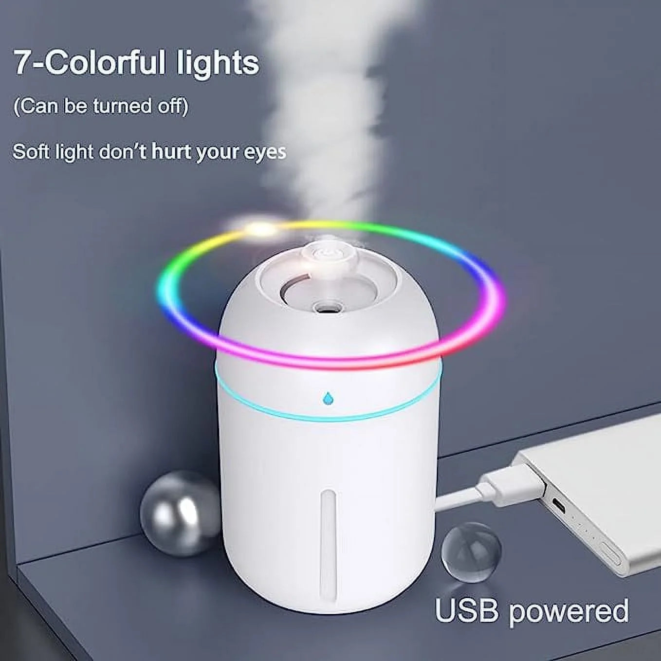 Mini Humidifier, 300Ml Portable Small Humidifiers for Baby, Car Humidifier Diffuser for Travel Plants Bedroom Desk Office, Cool Mist Air Humidifier with 7 Color Night Lights