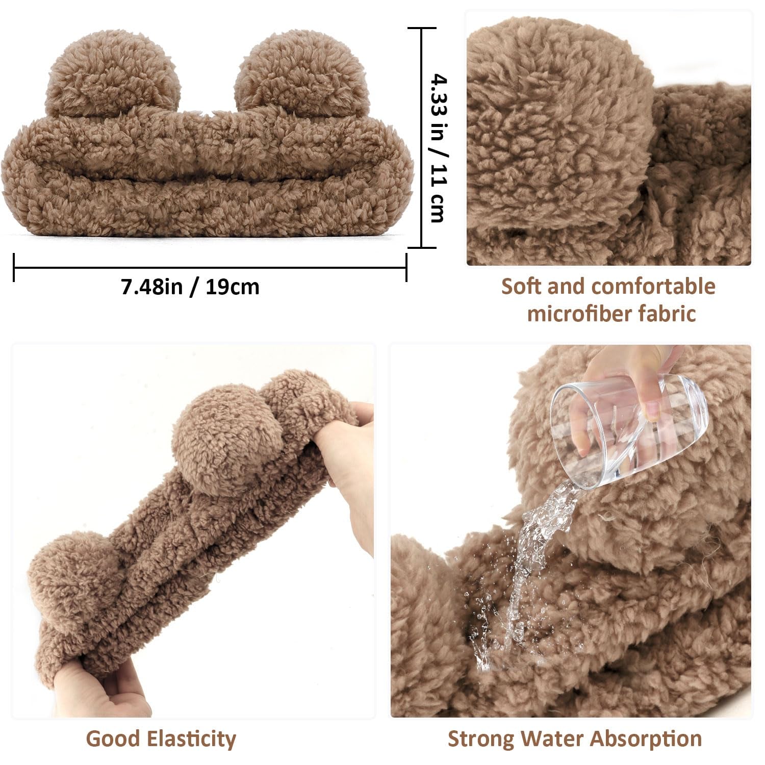 Bear Ears Spa Wristband Set - Cute Animal Skincare Headband for Washing Face - Fluffy Elastic Face Wash Hair Band for Women & Girls - Trendy Brown