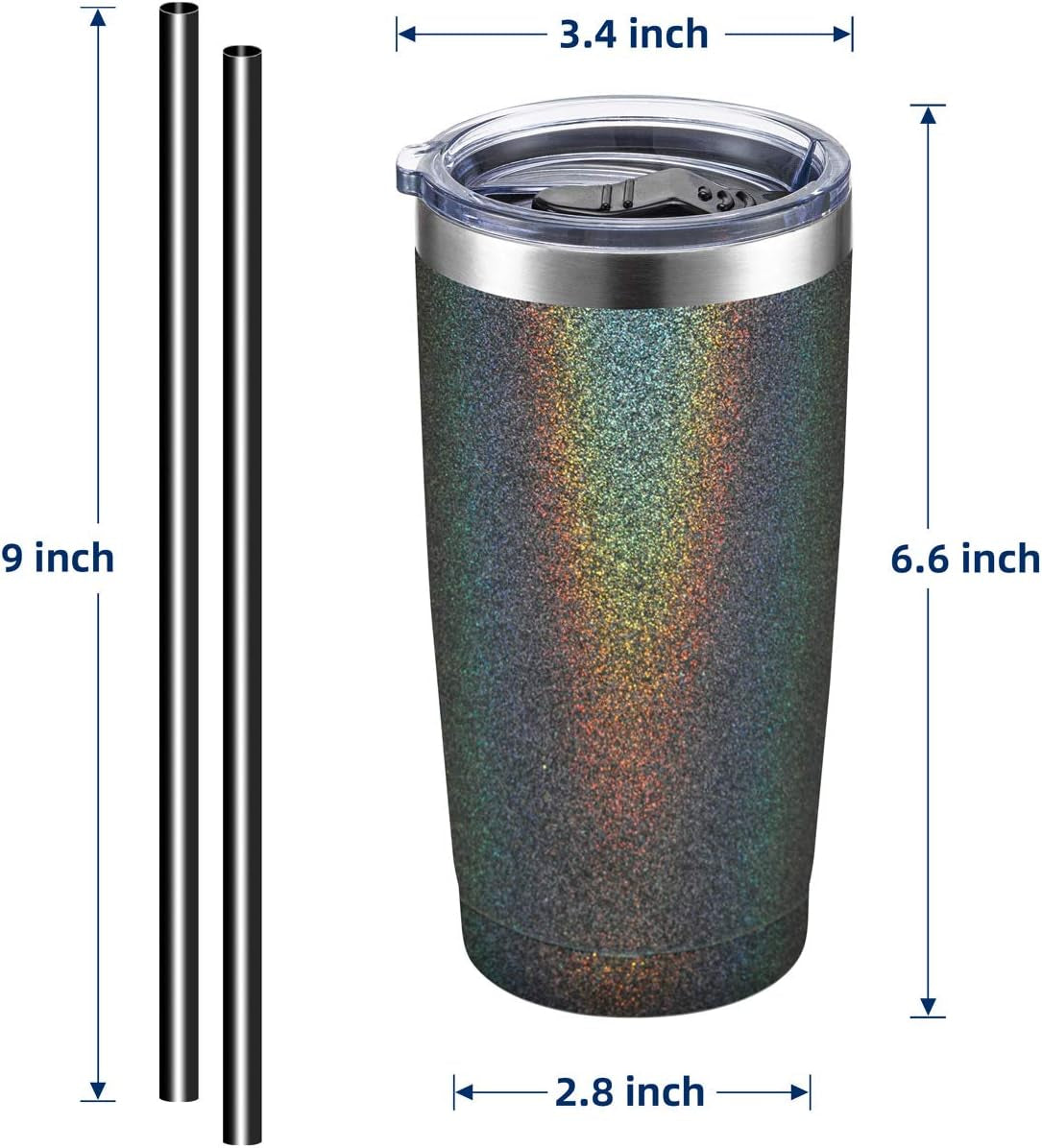 20Oz Stainless Steel Tumbler with Lid and Straw, Vacuum Insulated Tumbler Cup, Double Wall Coffee Tumbler, Powder Coated Travel Coffee Mug, Glitter Black
