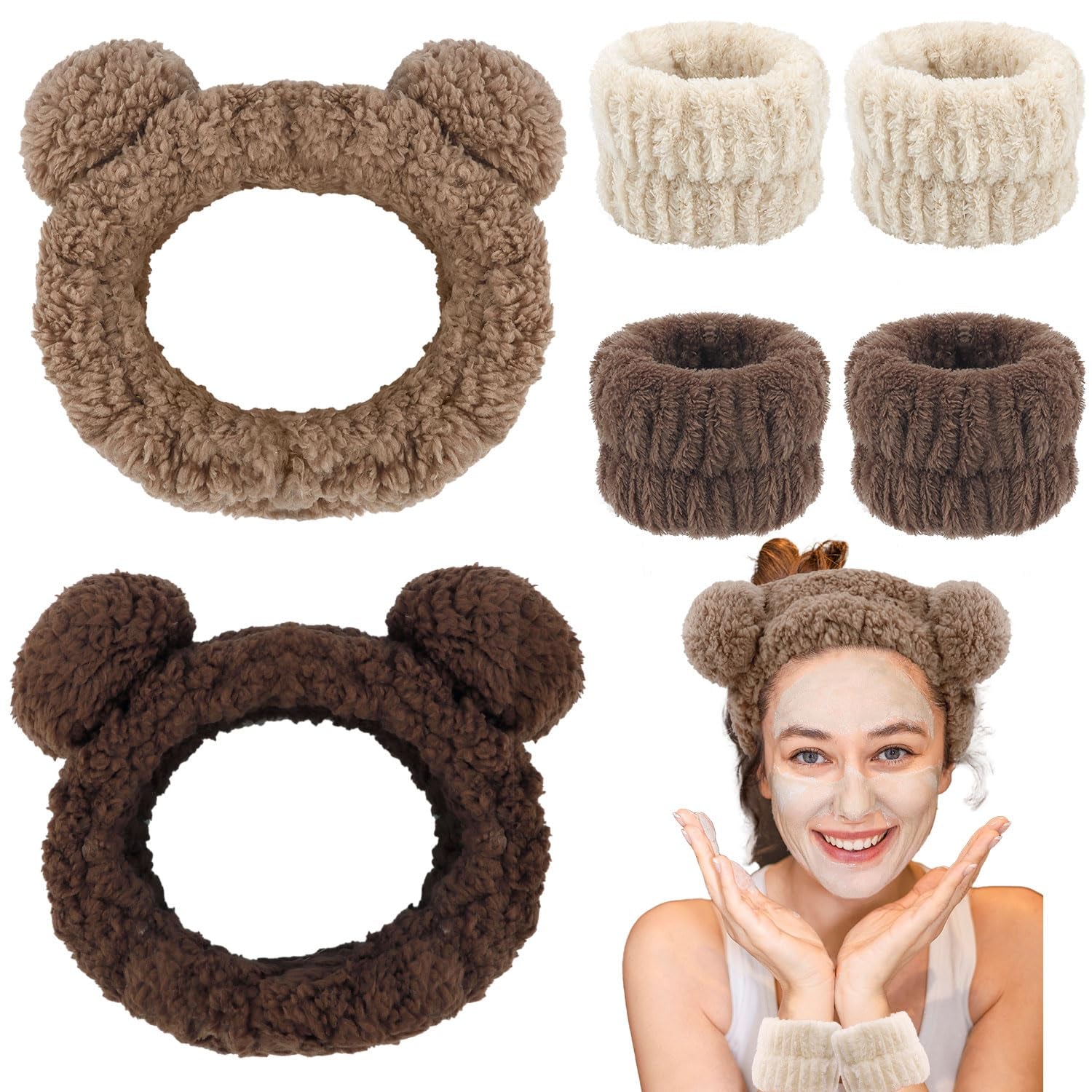 Bear Ears Spa Wristband Set - Cute Animal Skincare Headband for Washing Face - Fluffy Elastic Face Wash Hair Band for Women & Girls - Trendy Brown