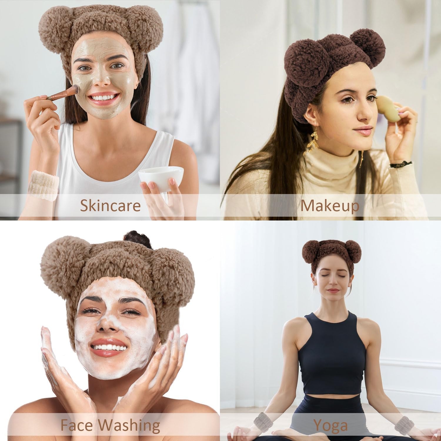 Bear Ears Spa Wristband Set - Cute Animal Skincare Headband for Washing Face - Fluffy Elastic Face Wash Hair Band for Women & Girls - Trendy Brown