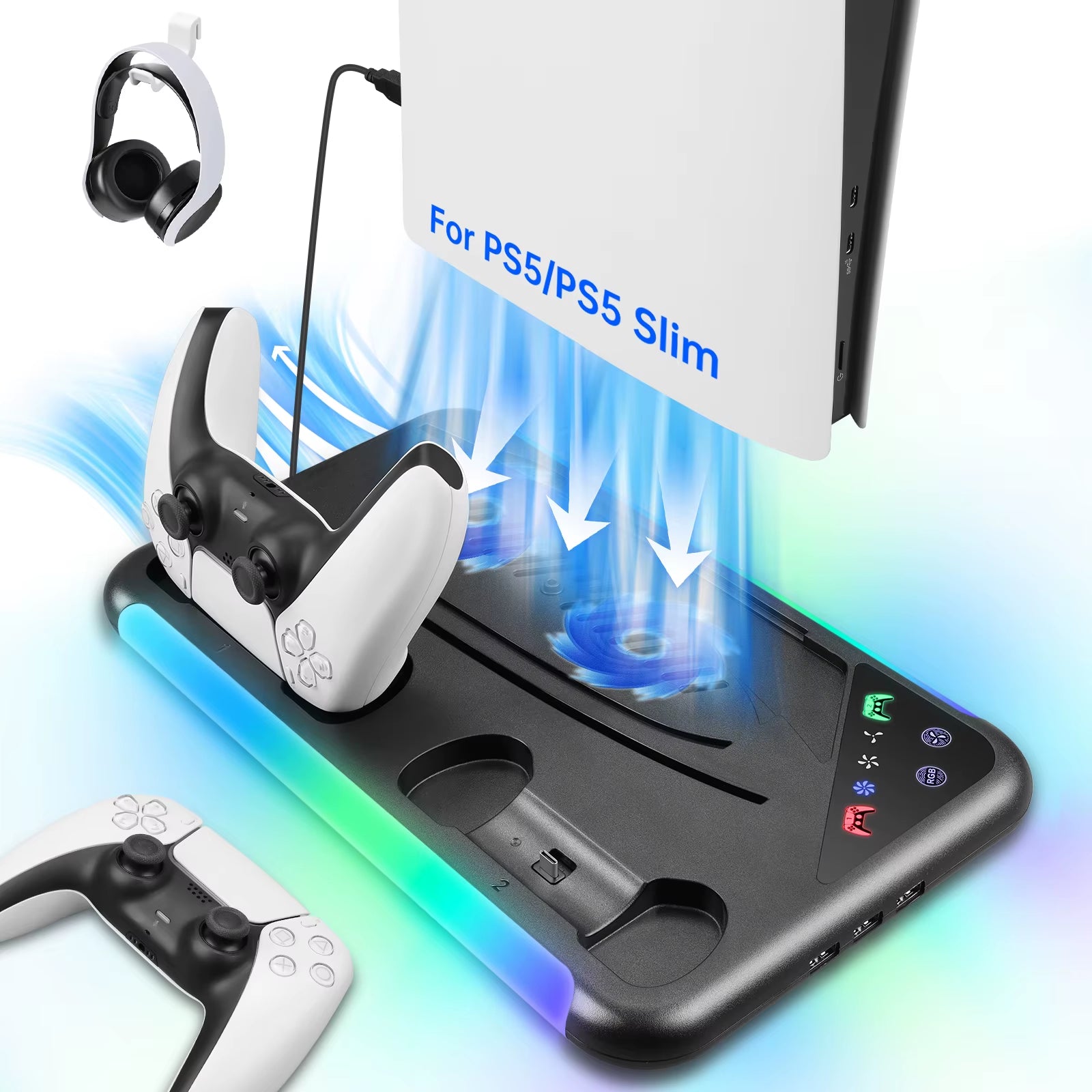 For PS5/PS5 Slim Cooling Stand with RGB Light Fan for PS5 Console Disc&Digital Editions for PS5 with 3 Levels Cooling Fan